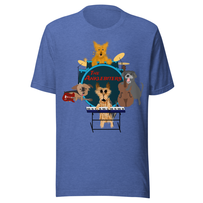 All the members of The Anklebiters are on this t-shirt!

Back: Skittles (Drums)
Left: Teddy (Guitar)
Right: Jake (Bass)
Front: Winston (Keys)

Materials: Cotton and Polyester.